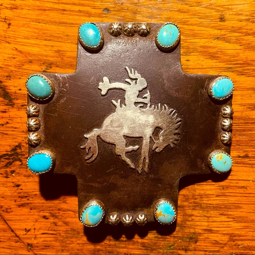 Cowgirl Bucking Horse Rider Western Belt Buckle with Turquoise Stones Rodeo